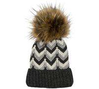 styleBREAKER Ladies Knitted Pom Pom Hat with Zig-Zag Pattern and Fleece Lining, Winter Fur Pom Pom Hat, Knitted Hat 04024188, Colour:Darkgrey-Grey-White