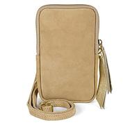 styleBREAKER Ladies Leather Cell Phone Shoulder Bag Soft Suede, Zipper, Genuine Leather Mini Bag 02012373, Colour:Light Brown
