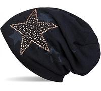 styleBREAKER Warm fine Knit Beanie hat with All-Over Star Pattern, Rhinestone Star and Extremely Soft Fleece Inner Lining, Unisex 04024084, Colour:Midnight-Blue/Dark Blue