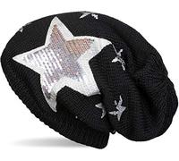 styleBREAKER Warm fine Knit Beanie hat with All-Over Vintage Star Print, Sequinned Star and Very Soft Fleece Inner Lining 04024091, Color:Black