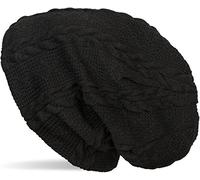 styleBREAKER Warm fine-Knit Beanie with Plait Pattern and Fleece Lining, Slouch Long Beanie, Unisex 04024131, Color:Black