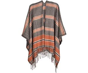 styleBREAKER Women Cape with Glen Check Pattern and Fringing, Cape, Poncho, Women 08010058, Colour:Orange-Black-White