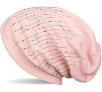 styleBREAKER Women's Beanie Hat with Rhinestone Studs in Elegant Stripe Design, Slouch Long Beanie, Solid Color Fabric Hat 04024086, Colour:Rose