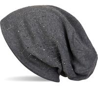 styleBREAKER Women's Beanie Hat with Rhinestone Studs in Elegant Stripe Design, Slouch Long Beanie, Solid Color Fabric Hat 04024086, Colour:Mottled Dark Grey
