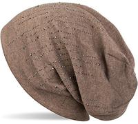 styleBREAKER Women's Beanie Hat with Rhinestone Studs in Elegant Stripe Design, Slouch Long Beanie, Solid Color Fabric Hat 04024086, Colour:Mottled Brown