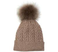 styleBREAKER Women's fine Knit pom pom Beanie with Cable Pattern, Faux Fur pom Beanie, Lined Winter Knit Beanie 04024100, Colour:Taupe