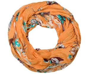 styleBREAKER Women's Loop Scarf with Colorful Butterfly and Flower Print, Crash and Crinkle Scarf, Shawl 01016013, Colour:Orange