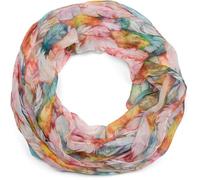 styleBREAKER Women's Loop Scarf with Colorful Feather Pattern, Lightweight Summery Boho Infinity Scarf Multicolored 01016239, Colour:Yellow-Blue-Red