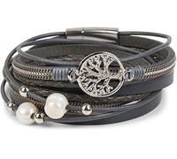 styleBREAKER wrap Bracelet with Pearls, Chains, Braided Elements, and Tree of Life Pendant, Magnetic Clasp, Bracelet, Women 05040070, Color:Dark Grey