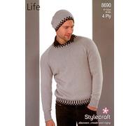 Stylecraft 8690 Knitting Pattern Mens Sweater and Hat in Life 4 Ply