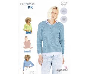 Stylecraft DK Knitting Pattern Pamphlet - 10143 Ladies Sweaters, Cardigan & Tank Top (4 Designs) 26-40in