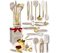 Styled Settings 23-Piece Beige and Gold Utensils Set - Silicone Nonstick Cooking Tools with Garlic Press, Can Opener, Measuring Cups, Utensil Holder - Luxury Kitchen Accessories for Modern Homes