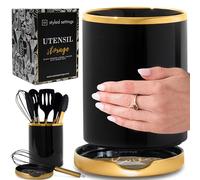 STYLED SETTINGS Black and Gold Utensil Holder with Built-in Spoon Rest - 2 PC Large Ceramic Utensil Holder Includes Black & Gold Spoon Rest - Luxury Kitchen Accessories - Utensils Not Included