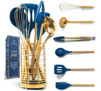 STYLED SETTINGS Gold and Navy Blue Kitchen Utensils Set -17PC Includes Utensil Holder, & Measuring Cups Spoons, - Accessories, Unique Cooking Gifts