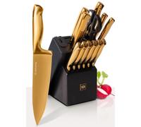 Styled Settings Gold Knife Set with Block and Built-in Sharpener, 14-Piece | Full Tang Titanium-Coated Stainless Steel Gold Kitchen Knife Set with Self-Sharpening Block, Gold Kitchen Accessories