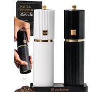 Styled Settings White and Black Salt and Pepper Grinder Set with Gold Accents - Set of Two Refillable Wooden Manual Grinders with Adjustable Ceramic Mills & Matching Wooden Stand - Ideal for Gifting
