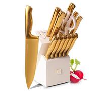 STYLED SETTINGS White and Gold Knife Set with Block - 14-PC Full Tang Titanium-Coated Stainless Steel Gold Knives and White Knife Block with Built-in Sharpener - Luxury Kitchen Accessories