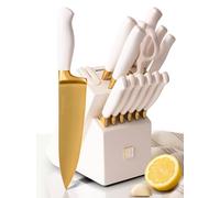 Styled Settings White and Gold Knife Set with Block and Sharpener 14-Piece | High Carbon Stainless Steel Titanium Coated Gold Kitchen Knives with Block and Sharpener Built-In, Gold Kitchen Accessories