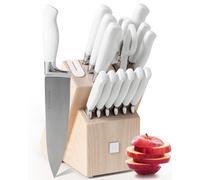 Styled Settings White Knife Set with Block and Sharpener - 14-Piece High Carbon Stainless Steel Knives with Ashwood Block and Built-in Sharpener - Durable White Kitchen Accessories for Cooking