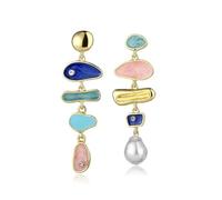 StyleJella Elegant Irregular Colorful Baroque Pearl Dangle Earrings for Women - Gold Long Pearl Drop Vintage Statement Earrings Colored Glaze Enamel Trendy Dangling Wedding Prom Bridal Jewelry, Zinc