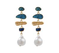 StyleJella Elegant Irregular Colorful Baroque Pearl Dangle Earrings for Women - Gold Long Pearl Drop Vintage Statement Earrings Colored Glaze Enamel Trendy Dangling Wedding Prom Bridal Jewelry, Zinc