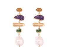 StyleJella Elegant Irregular Colorful Baroque Pearl Dangle Earrings for Women - Gold Long Pearl Drop Vintage Statement Earrings Colored Glaze Enamel Trendy Dangling Wedding Prom Bridal Jewelry, Zinc