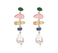 StyleJella Elegant Irregular Colorful Baroque Pearl Dangle Earrings for Women - Gold Long Pearl Drop Vintage Statement Earrings Colored Glaze Enamel Trendy Dangling Wedding Prom Bridal Jewelry, Zinc