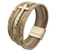 StyleJella Leather Wrap Bracelets for Women with Stainless Steel Cross and Double Charm Pendant - Trendy Multi-Layer Cuff Bangle Bracelets with Link, Cable, and Bead Chain - Perfect Gifts for Women, 5
