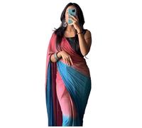 Stylescope Women's Chiffon Ombre Effect Ready To Wear One Minute Saree With Unstitched Blouse Piece (Pallavi), Sky Blue-peach, One Size