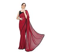 Stylescope Women's Zomato Silk Plain Pom Pom Lace Bordered Saree With Satin Banglori/Art Silk Unstitched Blouse Piece., Red, Black, One Size
