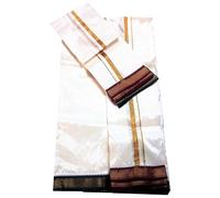 Stylesindia Art Silk Dhoti Vesti Mundu India Ethnic Dress 1" Double Colour Zari Border with Shawl White, Cream