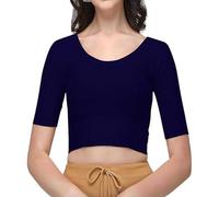 Stylesindia Cotton Lycra Stretchable Sari Blouse Round Neck Half Sleeve Dry Fit Workout Crop Top Gym Sports Top for Women, Navy, XL