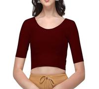 Stylesindia Cotton Lycra Stretchable Sari Blouse Round Neck Half Sleeve Dry Fit Workout Crop Top Gym Sports Top for Women, Maroon, XL