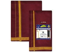 Stylesindia Fancy Border Colored Single Layer Dhoti Mundu 2.0mts Vesti with 1.20 Mts Duppatta Angavastram, Maroon, Free Size