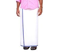 StylesIndia Men's Cotton White Dhoti with Navy Border - 1.8m Traditional Indian Lungi Sarong Wrap - Single Layer Breathable Cotton Mundu for Yoga, Meditation, Temple Wear & Casual Lounge