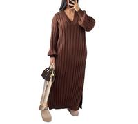 StyleWear Ladies Casual Wear V-Neck Rib Knitted Pullover Side Split Long Jumper Dress Womens Ribbed Knit Long Balloon Sleeve Sides Slit Maxi Dress Brown