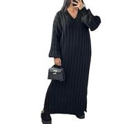 StyleWear Ladies Casual Wear V-Neck Rib Knitted Pullover Side Split Long Jumper Dress Womens Ribbed Knit Long Balloon Sleeve Sides Slit Maxi Dress Black