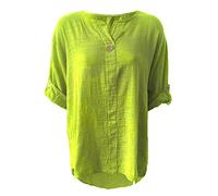 StyleWear Ladies Round Neck One Button Cotton Linen Plain Shirt Womens Italian Turn Up 3/4 Sleeve Blouse Top Lime Green