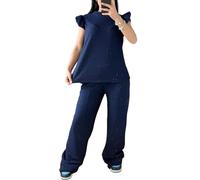 StyleWear Ladies Short Sleeve Pop Corn Fabric Top and Flared Wide Leg Trouser 2Pcs Loungewear Summer Tracksuit Coord Set