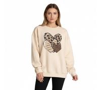 StyleWear Ladies Sweatshirt with Leopard and Stripe Hearts Print - Long Sleeve Graphics Printed Pullover Crewneck Jumper Top, Comfy Casual Wear for Women Beige