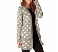 Womens Small Heart Knitted Open Front Cardigan Ladies Long Sleeve 2 Pocket Sweater Grey 2X Large