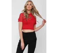 STYLEWISE Women's Butterfly Embroidered - Frill Detail - Mesh Crop Top in Red | Size: 6 STYLEWISE Red 6