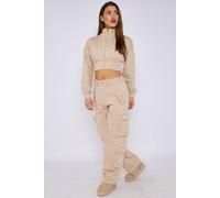 STYLEWISE Women's Cropped Zip Sweatshirt & Cargo Trouser Tracksuit Co-ord in Ecru | Size: Medium/Large STYLEWISE Ecru M/L