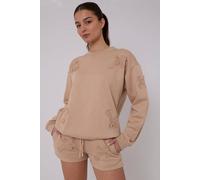 STYLEWISE Women's Crucifix Embroidered - Fleece Co-ord - Sweatshirt & Shorts Set in Beige | Size: Medium STYLEWISE Beige M