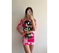 STYLEWISE Women's Newspaper Chain Print - Crop Top & Mini Skirt - Co-ord Set in Pink | Size: S/M STYLEWISE Pink S/M
