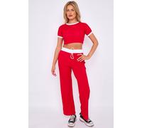 STYLEWISE Women's Ribbed Contrast Trim - Crop Top & Wide Leg Trouser Co-ord in Red | Size: Medium STYLEWISE Red M