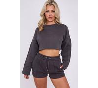 STYLEWISE Women's Seam Detail - Oversized Fleece - Crop Top & Shorts Co-ord in Charcoal | Size: Medium STYLEWISE Charcoal M
