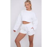 STYLEWISE Women's Seam Detail - Oversized Fleece - Crop Top & Shorts Co-ord in White | Size: Medium STYLEWISE White M