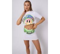 STYLEWISE Women's Smiley Graphic Glitter - Crop Top & Skirt - Co-ord Set in White | Size: Medium/Large STYLEWISE White M/L