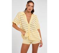 STYLEWISE Women's Stripe Crochet Knit Button Cardigan Top & Micro Shorts Co-ord in Yellow | Size: Medium STYLEWISE Yellow M